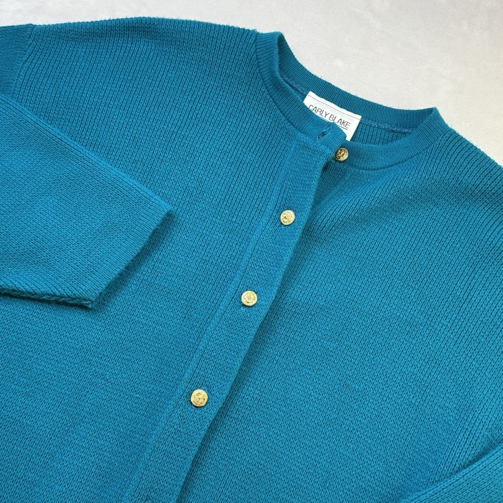 Vintage Carly Blake USA Acrylic Cardigan Sweater Teal Gold Buttons Women's L